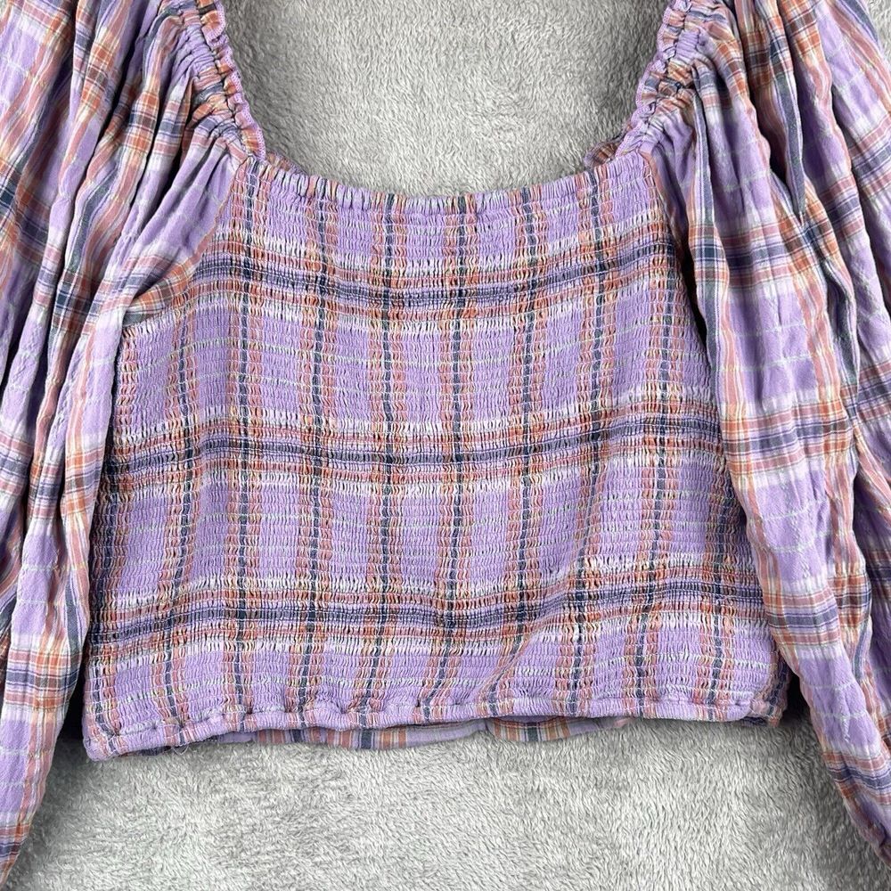 Free People‎ Cherry Bomb Top Womens XL Purple Plaid Balloon Sleeves Ruched Boho - Picture 5 of 11